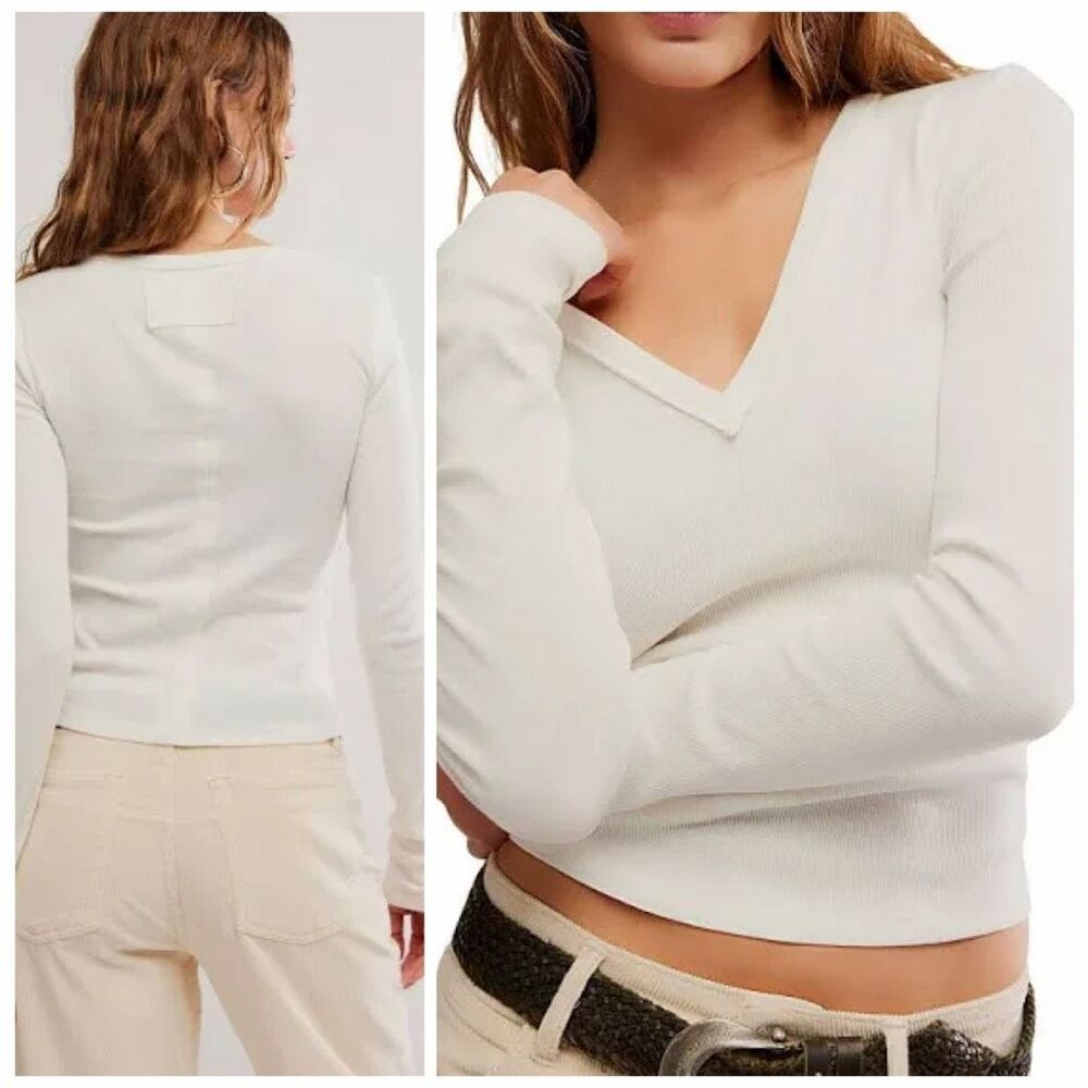 Free People We The Free Neria Ribbed V Neck Top in white M NEW